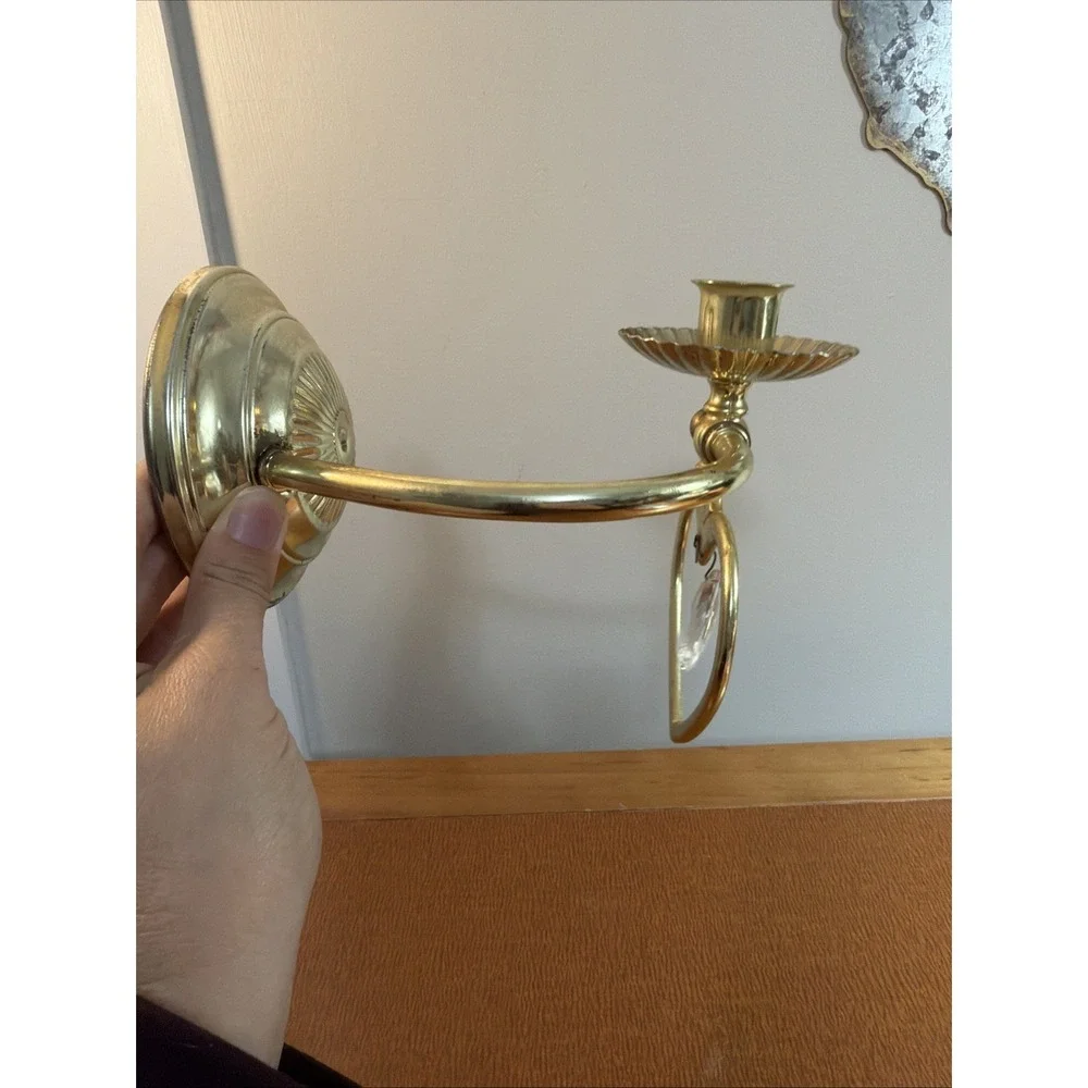 Vintage Brass Candle Holder Free Stand Or Wall Mounted Crystal Pendant 8